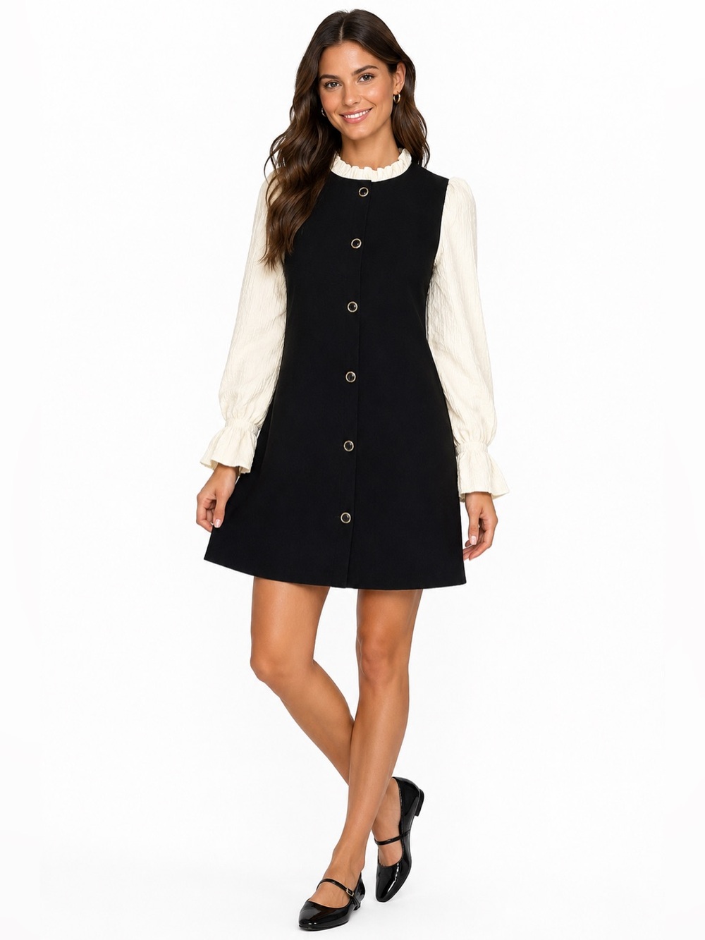 DAZY x StarSeries Black & Cream Contrast Mini Dress | Puff Sleeve Mod Style | M